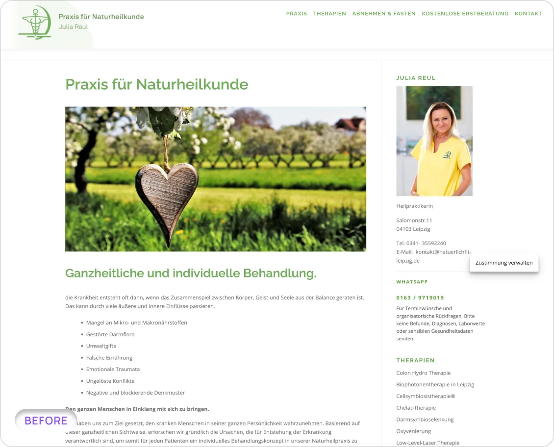 Naturopathy practice website before the redesign